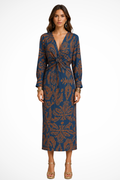 Women's Elegant Printed Midi Dress | Flattering V-Neck Long Sleeve Formal Dresses