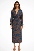 Women's Elegant Printed Midi Dress | Flattering V-Neck Long Sleeve Formal Dresses