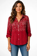 Women's Lightweight Bohemian Print Blouse | Relaxed Fit Roll-Up Sleeve Top