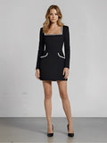 Robe courte moulante en coton pour femme | Robe noire élégante à col carré et manches longues