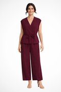 Women's Linen Blend Loungewear Set | Structured Wrap Top and Wide Leg Trousers