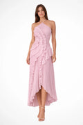 Abito Maxi Donna in Tessuto Plissettato | Stile Halter a Balze Sovrapposte