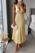 Robe midi plissée en polyester pour femme | Robe d’été élégante et fluide à col en V