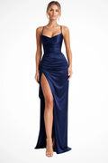 Abito Maxi Donna in Raso | Abito da Sera con Spacco Alto e Arricciature