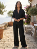 Women's Breathable Linen Loungewear Set | Elegant V-Neck Top with Flowing Trousers
