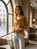 Women's Soft Velor Blouse | Draped Neckline Long Sleeve Top | Elegant Comfortable Fit