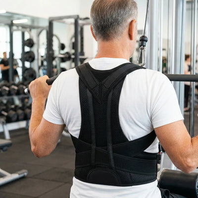 Unisex breathable fabric back posture support brace with adjustable straps for comfortable back correction.