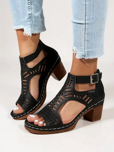 Women's breathable leather orthopedic block heel sandals with elegant cutout design, perfect for summer wear.
