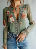 Women's Lightweight Chiffon Blouse | Bohemian Floral Summer Top | Elegant V-Neck Long Sleeve