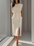 Women's Soft Midi Dress | Classic Round Neck | Elegant Button Slit Summer Dress