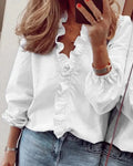 Women's Soft Polyester Blouse | Romantic Ruffled Neckline Puff Sleeve Top