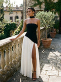 Women's Elegant Chiffon Evening Dress | Strapless Floor-Length Formal Gown with Scarf Detail