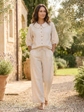 Completo coordinato da donna in lino traspirante | Elegante camicetta vintage e pantaloni larghi a gamba larga