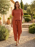 Women's Breathable Linen Loungewear Set | Relaxed Fit Crop Top and Tapered Trousers