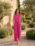 Women's Linen Blend Sleeveless Crop Top Set | Tailored Wide Leg Trousers | Elegant Summer Outfit
