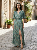 Robe longue en rayonne pour femme | Robe d’été élégante à col en V et fente à l’ourlet