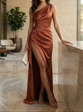 Women's Satin Asymmetric Evening Maxi Dress | Elegant One-Shoulder Formal Gown