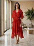 Robe midi drapée douce pour femme | Robe cocktail portefeuille élégante à col en V